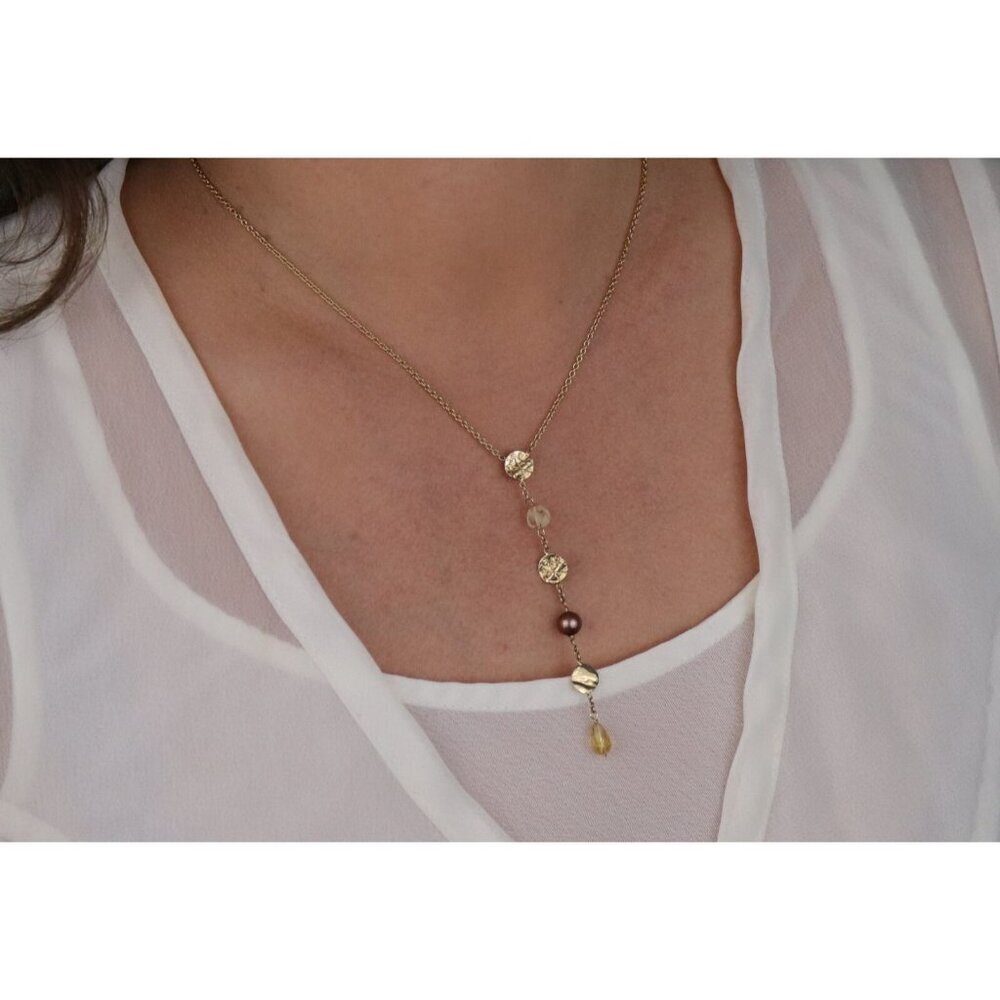 14k Yellow Gold Freshwater Brown Pearl, Quartz, Citrine Necklace Y Drop Lariat - Picture 2 of 8
